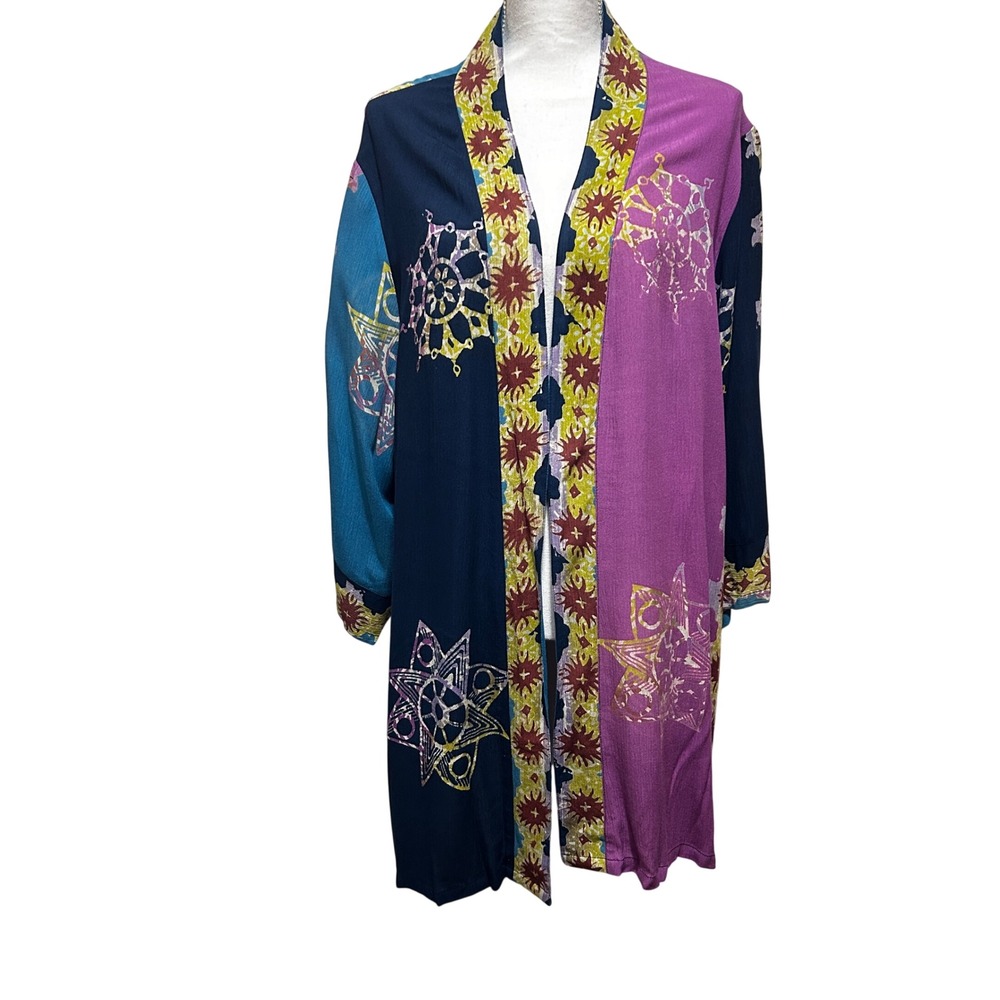 Ulla Popken Women Boho Celestial Duster 20/22 Multi Batik Sun Star Open Cardigan